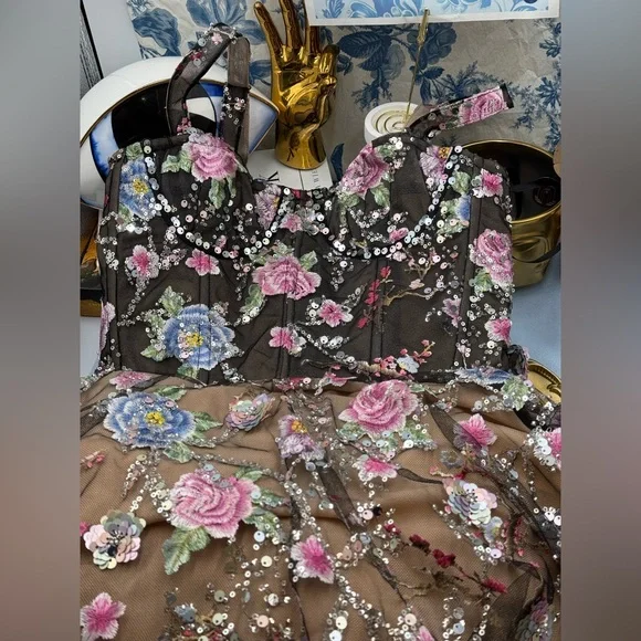 🆕 BRONX & BANCO 🧿 NWOT Midnight Embroidered Floral & Pearl Gown, Sz XS US 2 - Picture 14 of 16